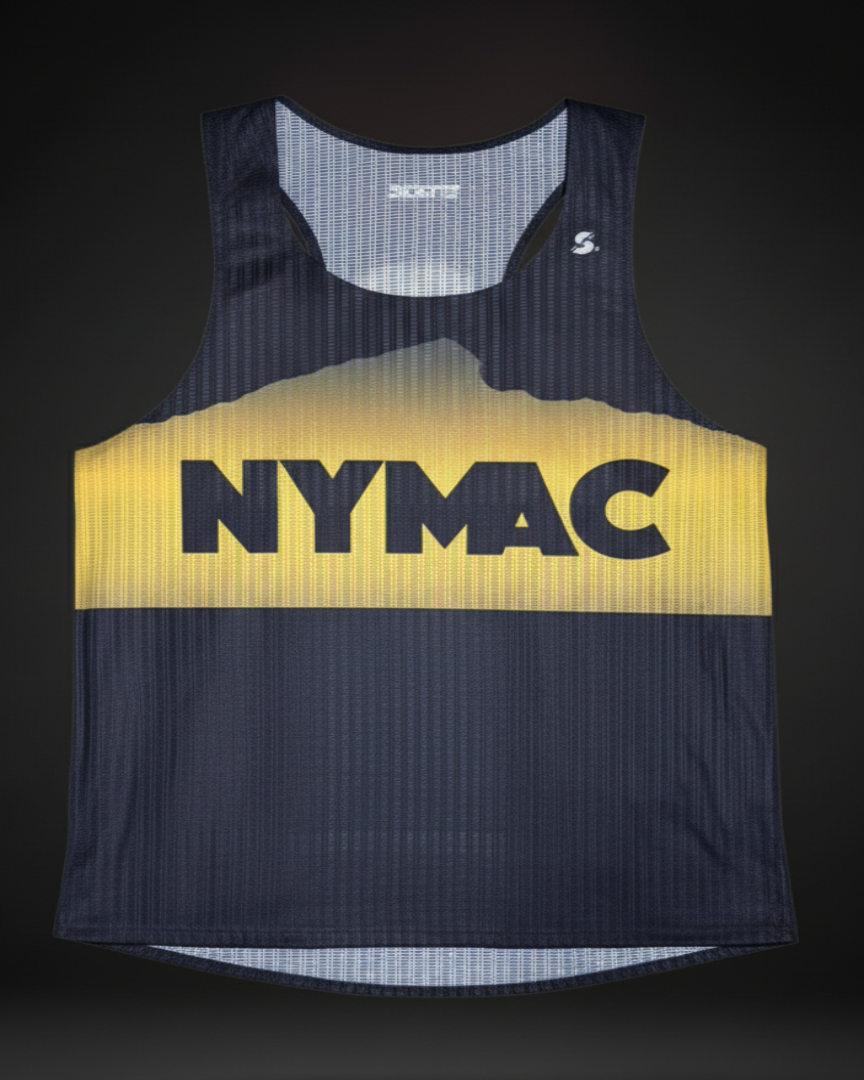 Sleeveless athletic top with 'NYMAC' branding on a dark background