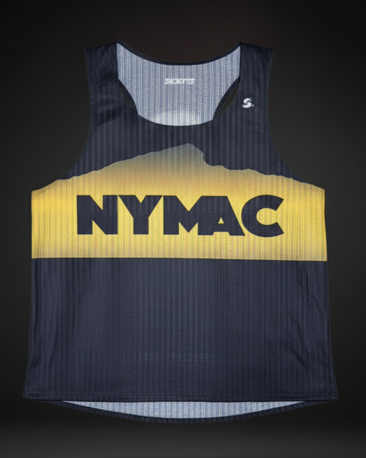 Sleeveless athletic top with 'NYMAC' branding on a dark background