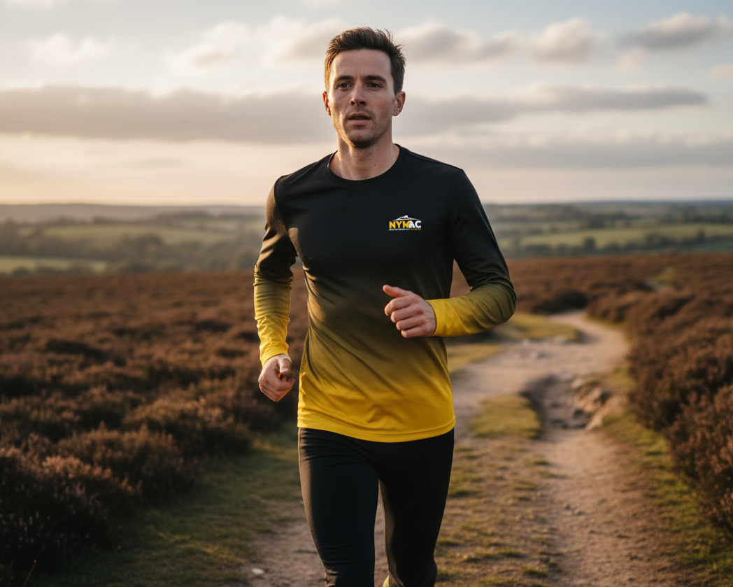 Male runner in a black and yellow long-sleeve top on a trail at sunset.