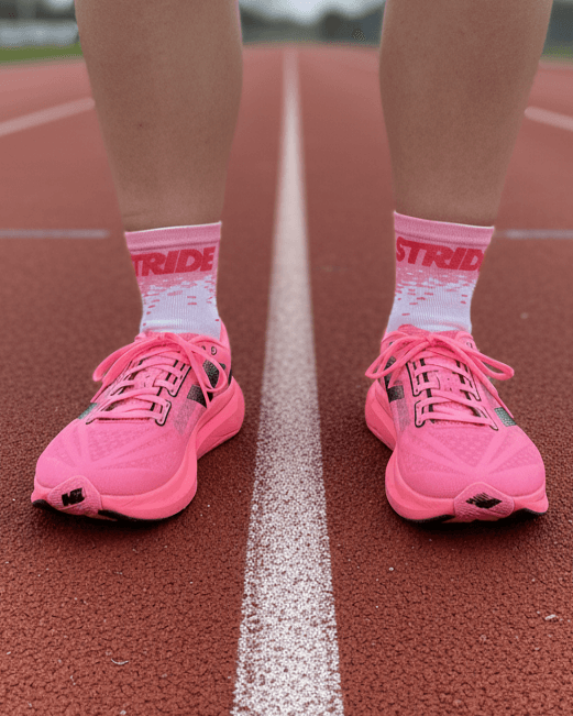 Person wearing pink running shoes and socks on a track
