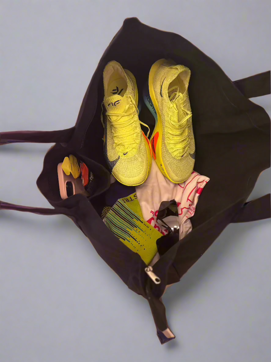 Yellow sneakers inside a black bag on a colorful floor.