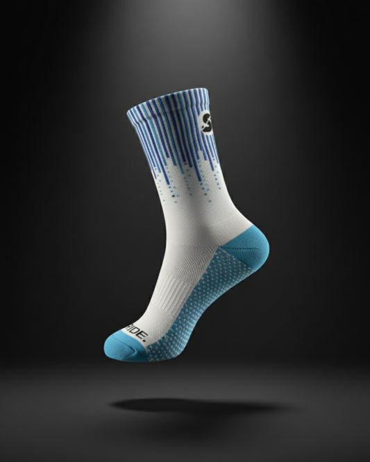 Blue and white sock with brand logo on a dark background