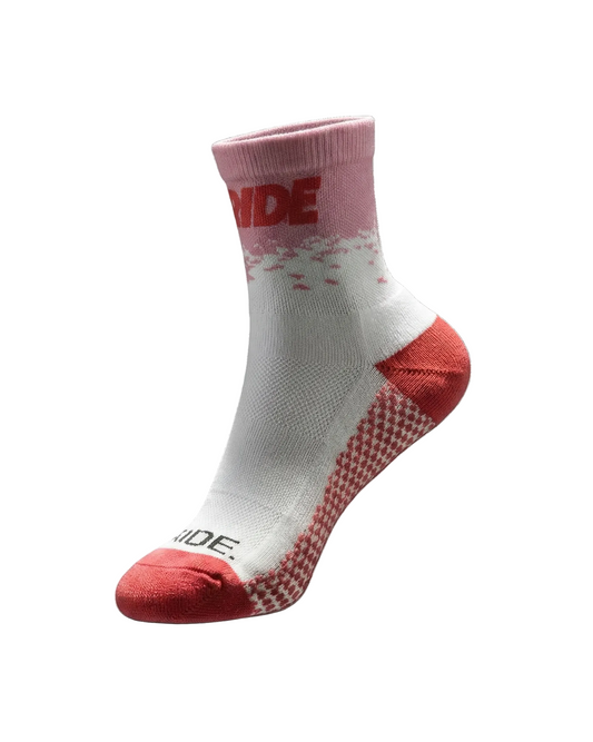 White sock with red accents and 'RIDE' branding on a white background