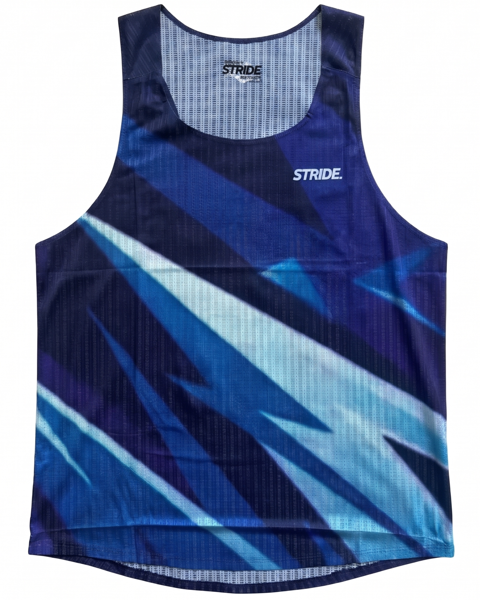 Blue athletic tank top with geometric pattern on a white background