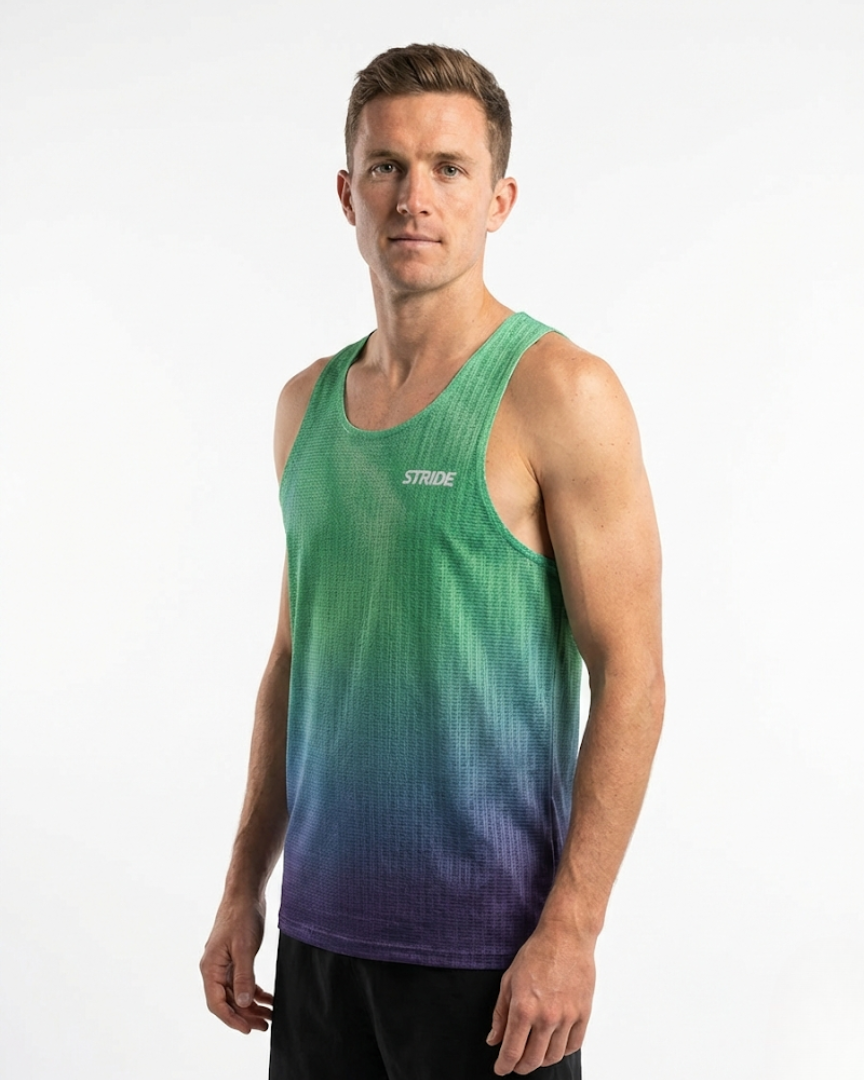 Man wearing a green and purple gradient tank top on a white background