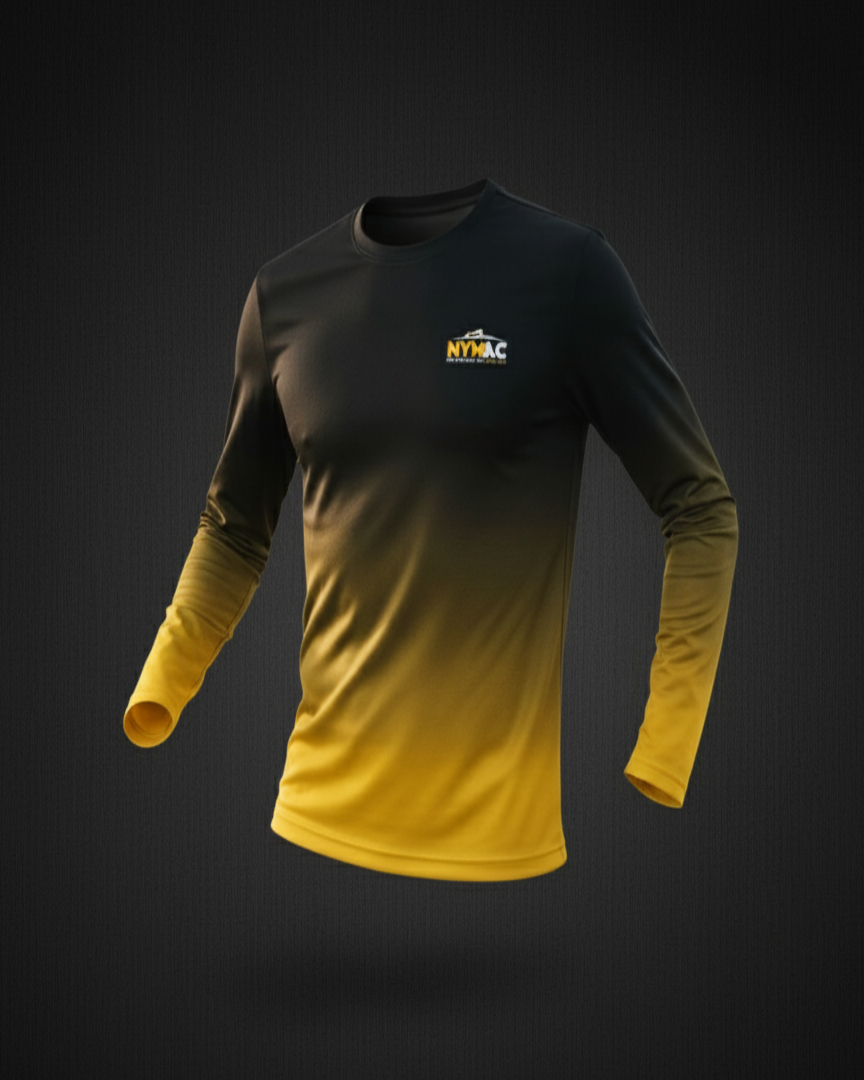 Front view of a black and yellow gradient long-sleeve running top with club logo.