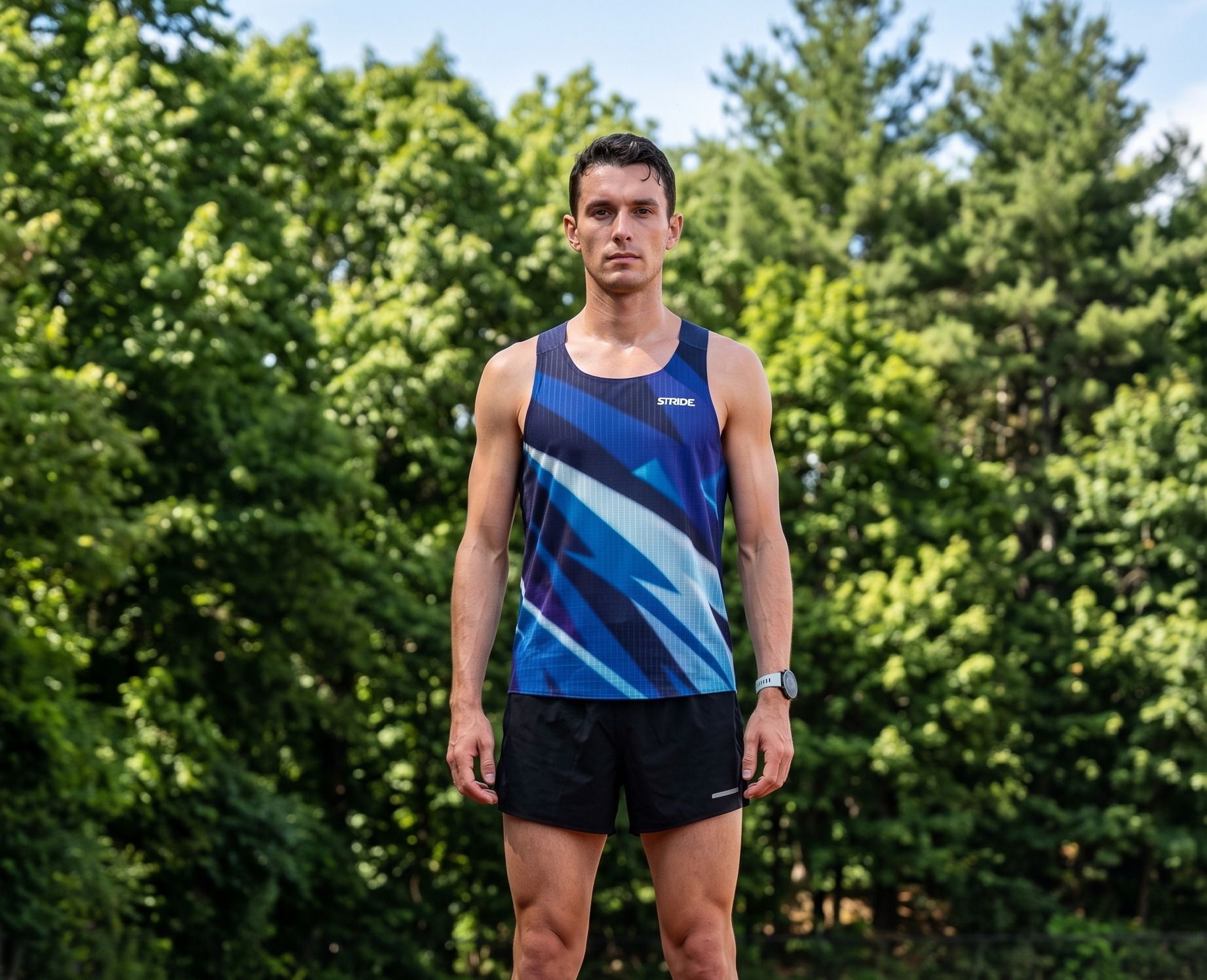 Man in athletic wear standing on a running track with trees in the background