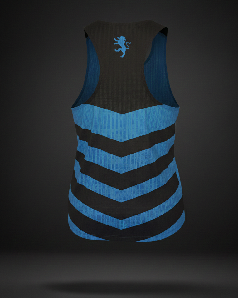 Black and blue tank top with chevron pattern on a dark background