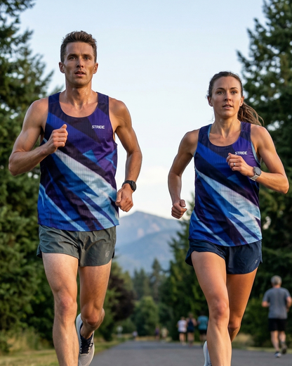 Two runners in matching athletic outfits running on a path with trees and mountains in the background.