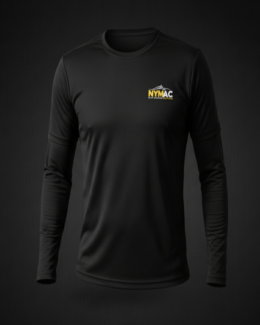 Black long-sleeve shirt with a logo on a dark background