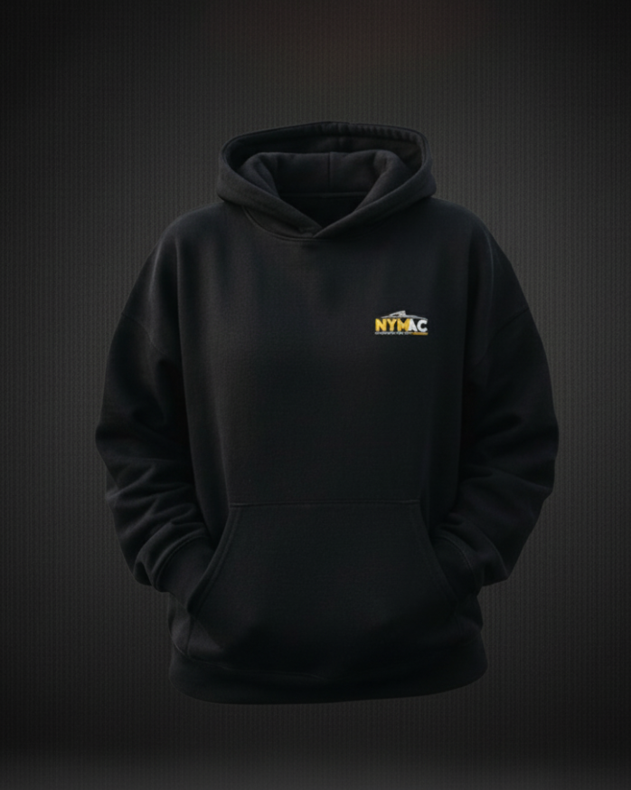 Black hoodie with a logo on a dark background