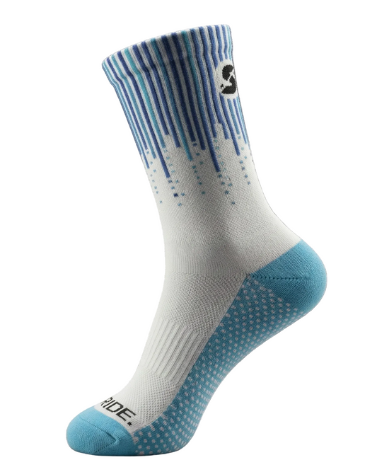 White and blue striped sock with brand logo on a white background