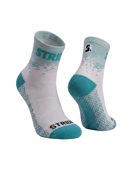 Pair of gray and teal socks with 'STRIDE' branding on a white background