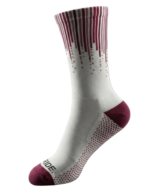 White sock with red and black striped pattern on a white background