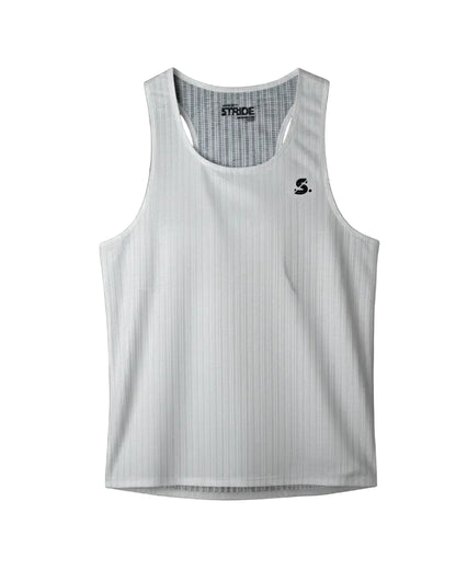 White tank top with brand logos on a black background