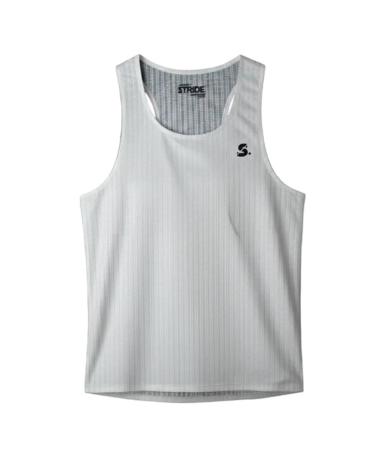 White tank top with brand logos on a black background