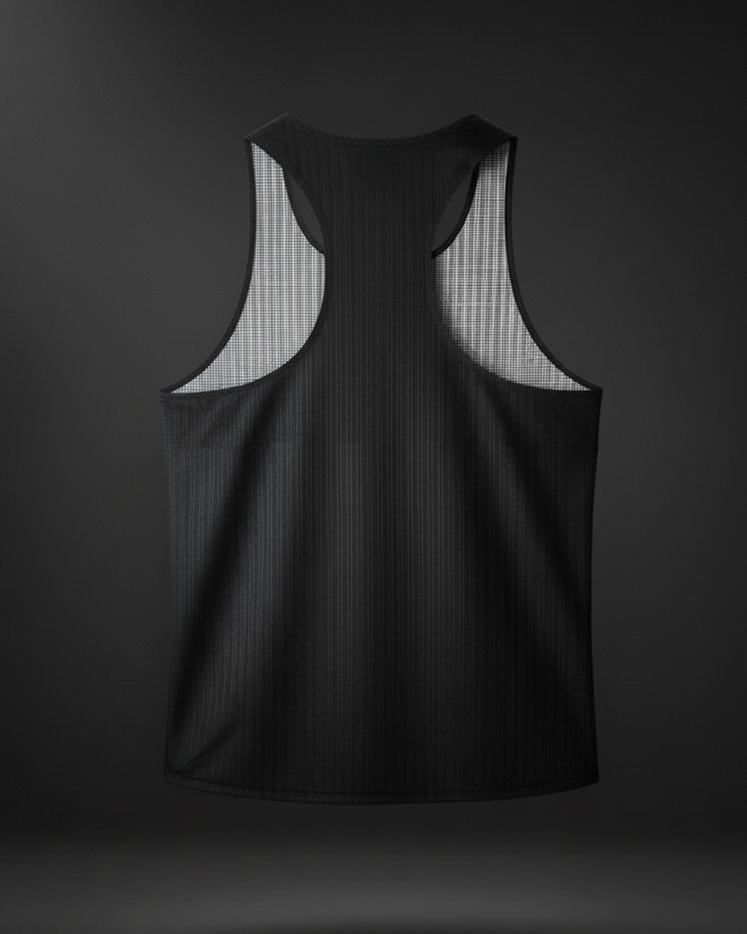Rear view of a plain black athletic vest, showcasing the material and cut.