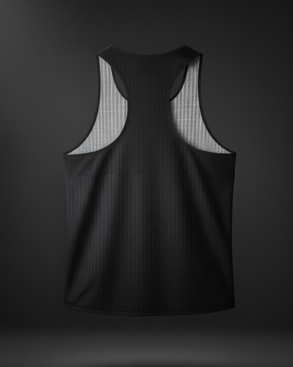 Rear view of a plain black athletic vest, showcasing the material and cut.